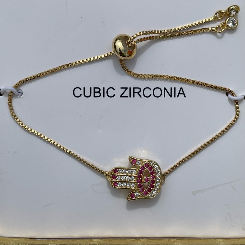 NWT Gold and pink Hamsa hand cubic zirconia bracelet - Picture 3 of 8